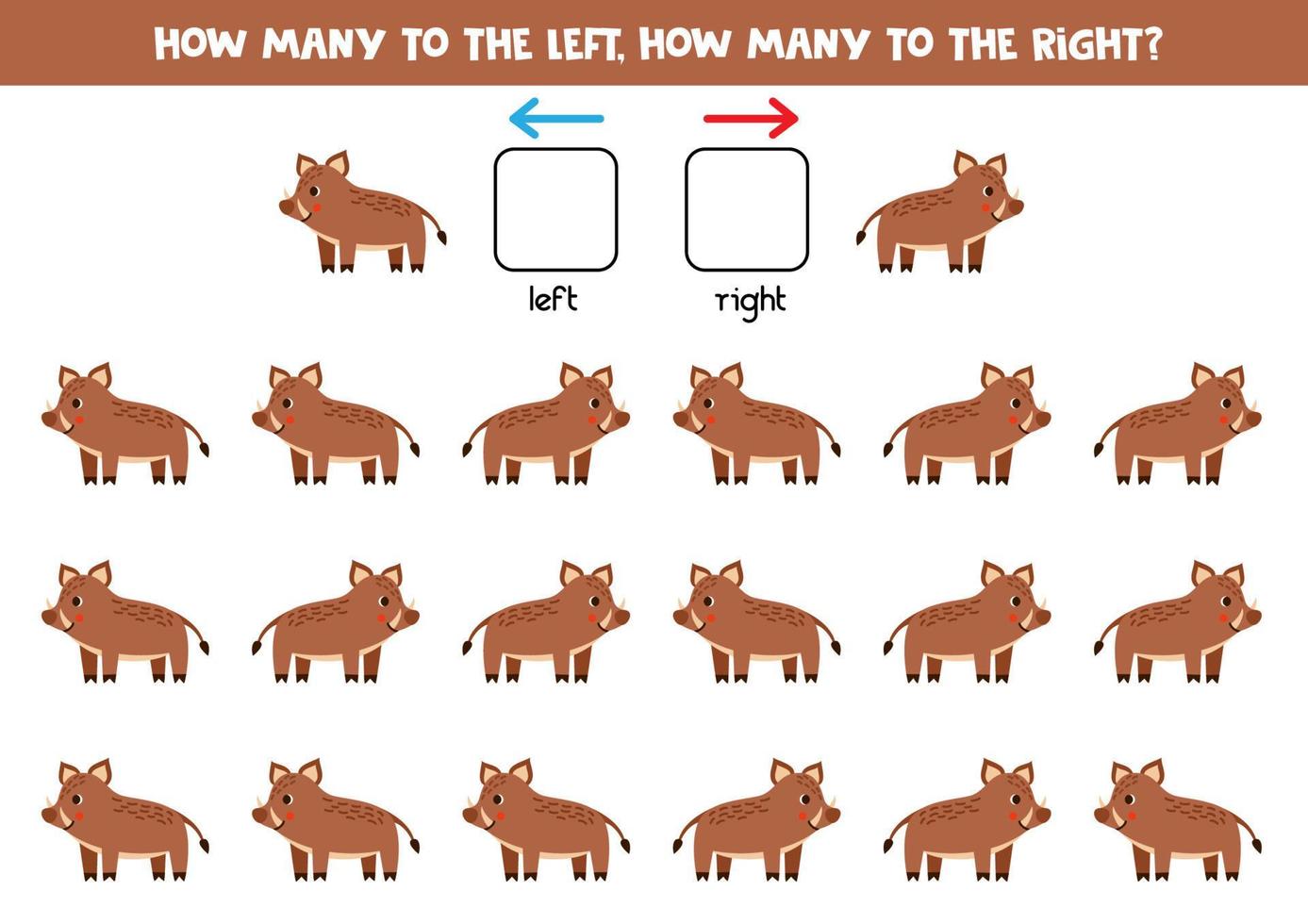 links of Rechtsaf met schattig tekenfilm zwijn. logisch werkblad voor kleuters. vector