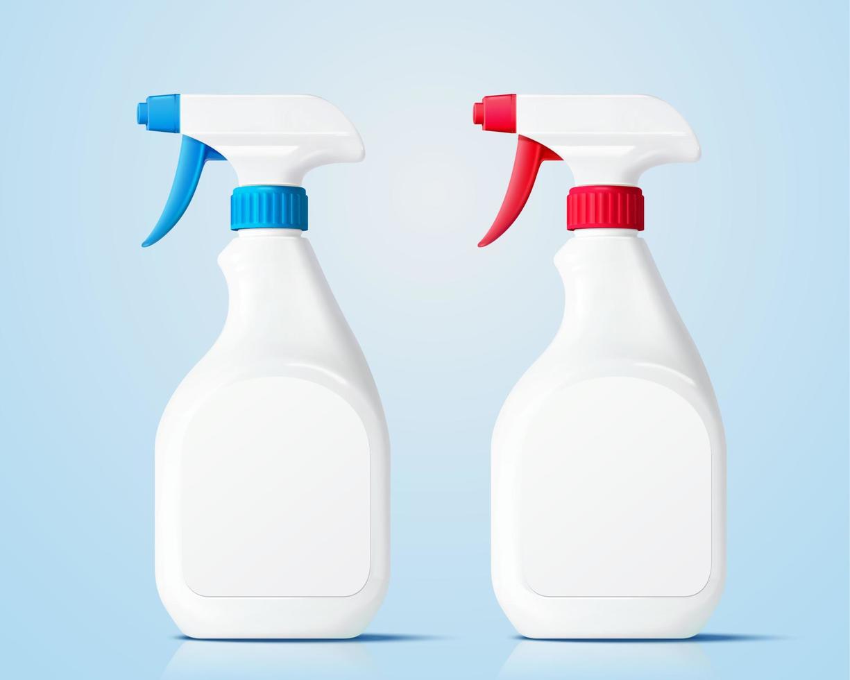 realistisch mock-up reeks van wit plastic op gang brengen verstuiven flessen, geïsoleerd Aan licht blauw achtergrond, 3d illustratie vector