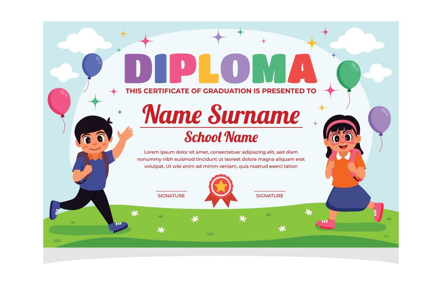 speels en pret kinderen themed diploma certificaat vector