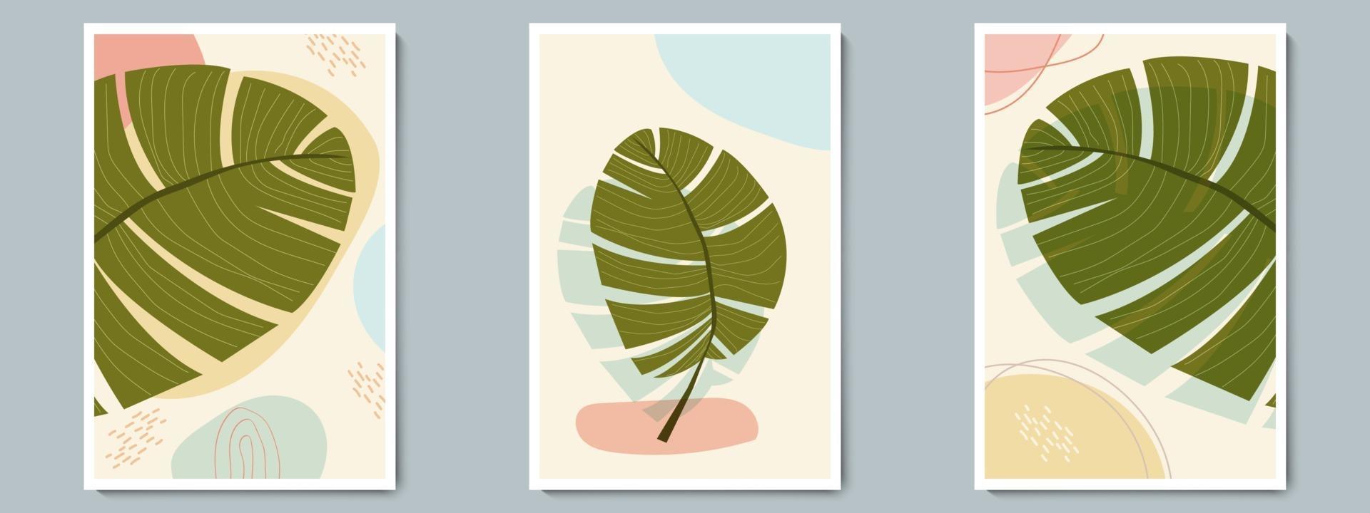 botanische muur kunst vector poster lente, zomer set. minimalistische tropische plant met abstracte vorm en lijnpatroon