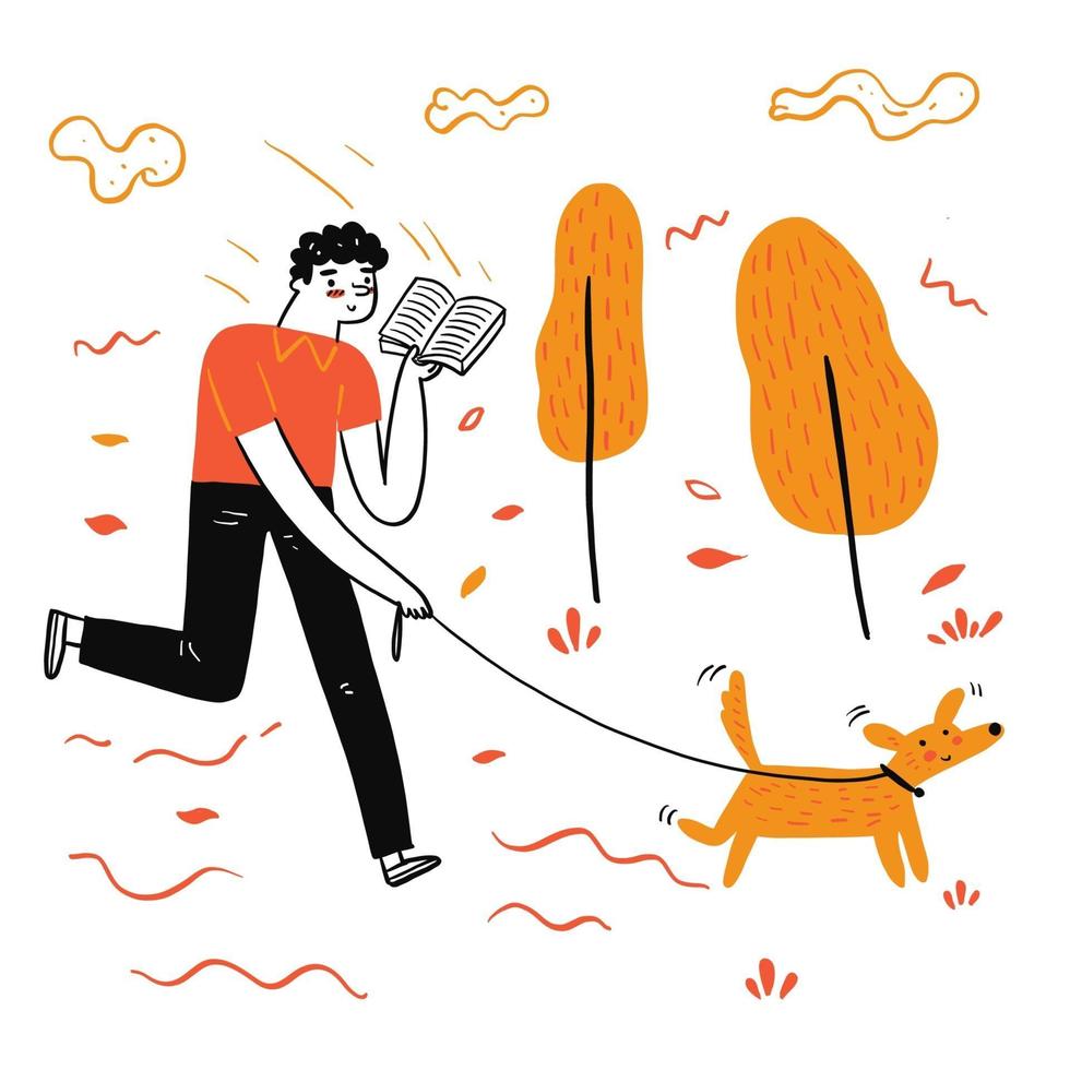de man die met een hond loopt en een favoriet boek leest vector