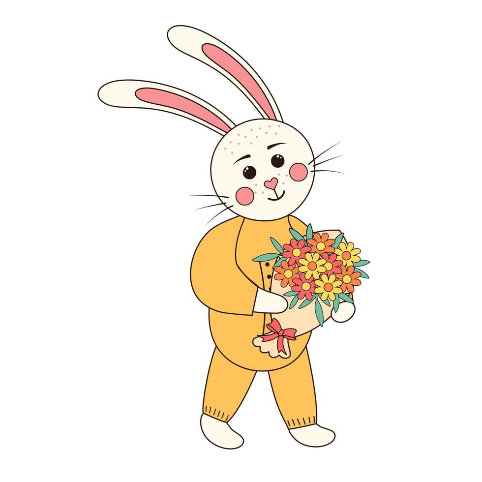 schattig konijn jongen met boeket van bloemen. Pasen konijn. groovy retro karakter. vector