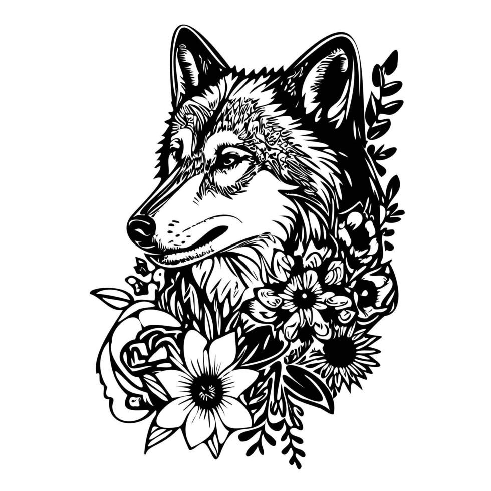 wolf met bloemen, wolf hoofd, wolf bloem tatoeëren vector