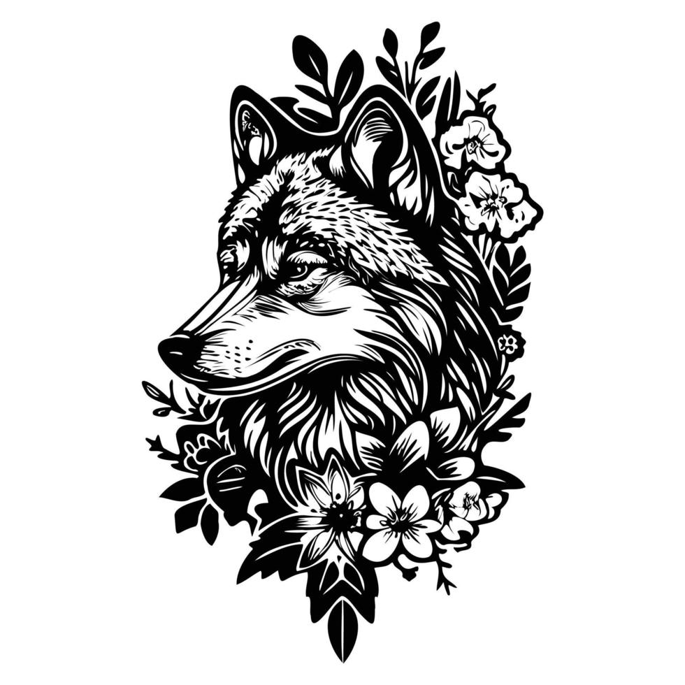 wolf met bloemen, wolf hoofd, wolf bloem tatoeëren vector