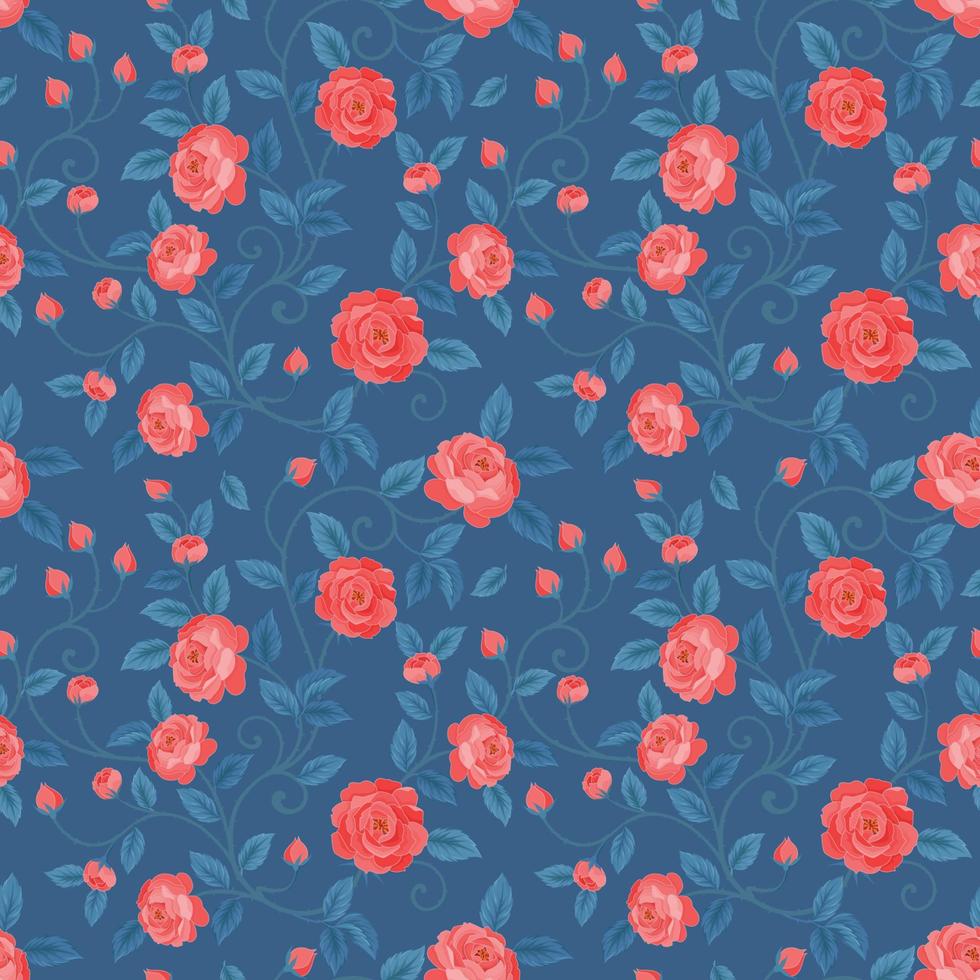 rood rozen bloemen Aan donker blauw kleur naadloos patroon vector