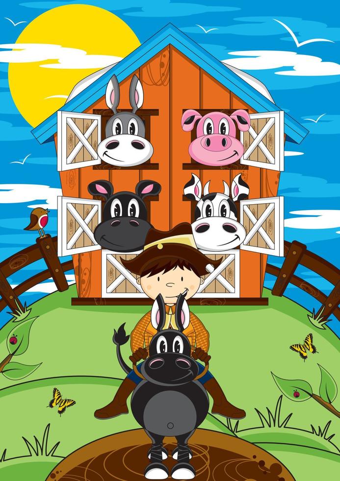tekenfilm boer Aan paard met boerderij dieren in schuur illustratie vector