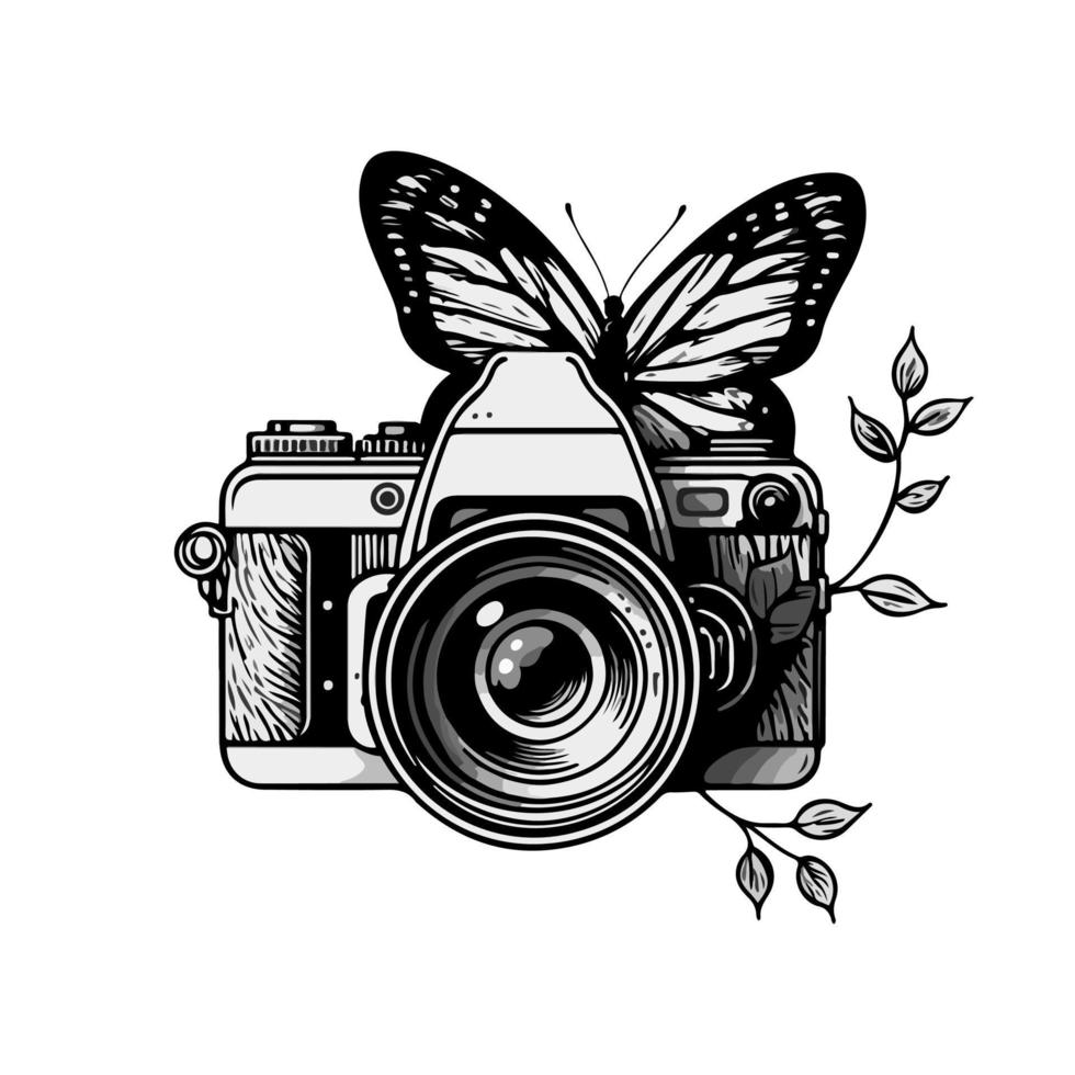 retro camera met delicaat vlinder neergestreken Aan top. monochroom vector illustratie ideaal voor fotografie, wijnoogst ontwerp, en artistiek projecten.