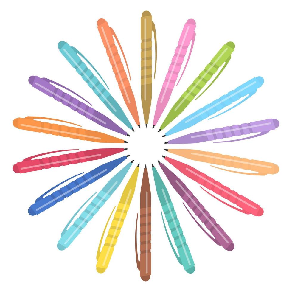 reeks van veelkleurig pennen geplaatst in een cirkel. vector illustratie.