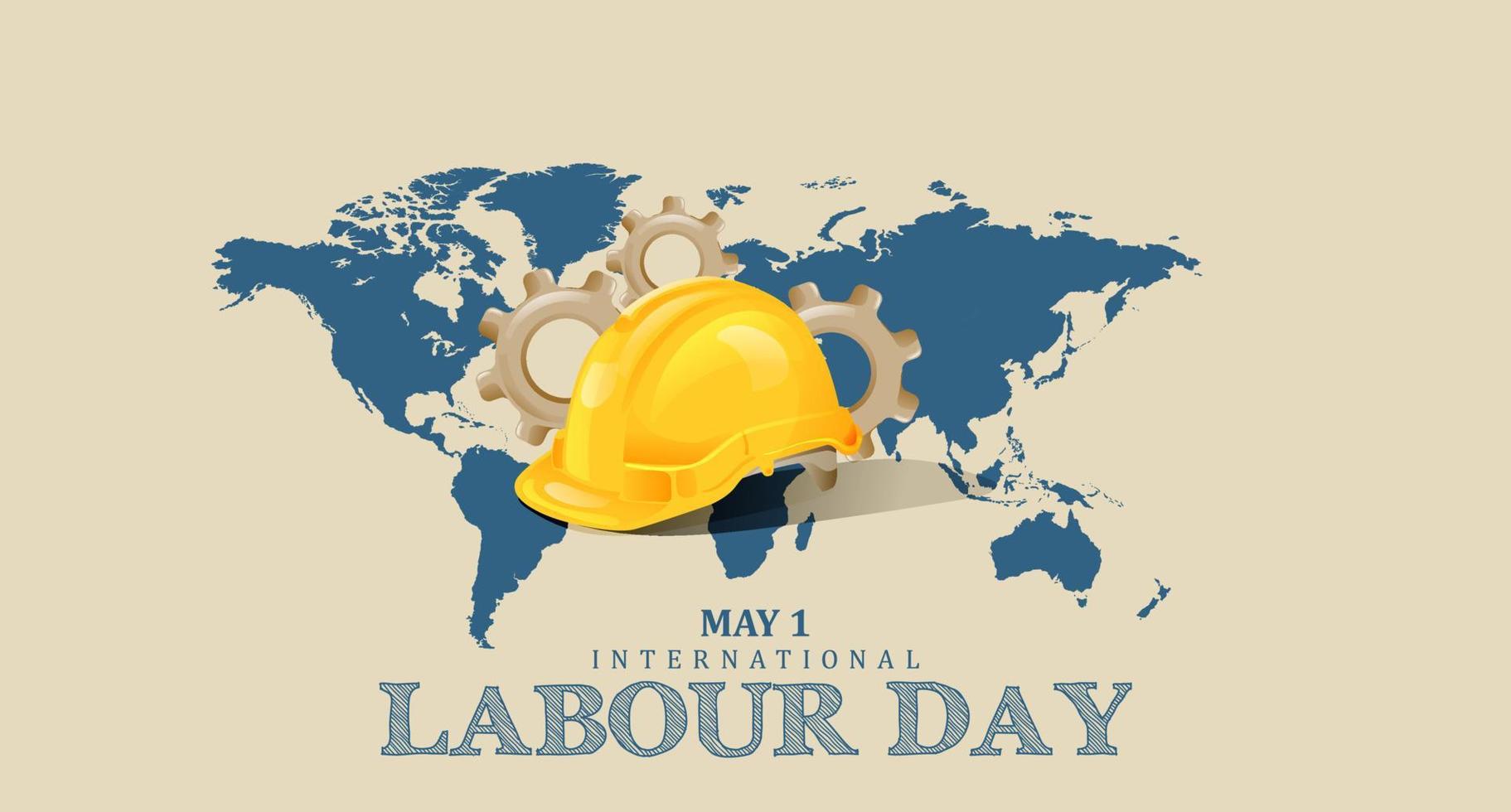 Internationale arbeid dag mei 1 banier met veiligheid helm Aan wereld kaart illustratie vector