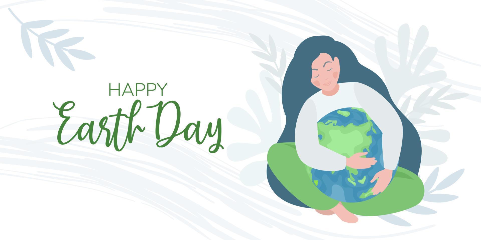 landen bladzijde met jong vrouw groen planeet. banier over aarde dag opslaan de planeet. de concept van milieu behoud. vector illustratie.