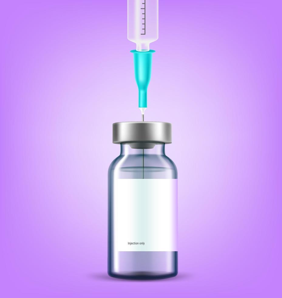 glazen injectieflacon met naald van plastic spuit erin. vector mockup