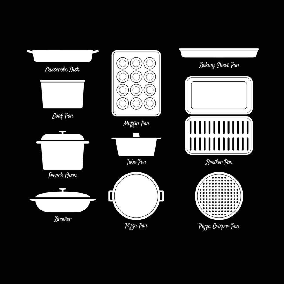 bakvormen reeks silhouet vlak vector. bakvormen reeks icoon Aan zwart achtergrond voor web. Koken werktuig reeks voor keuken concept. keuken gadgets. keukengerei gebruik makend van in een oven vector