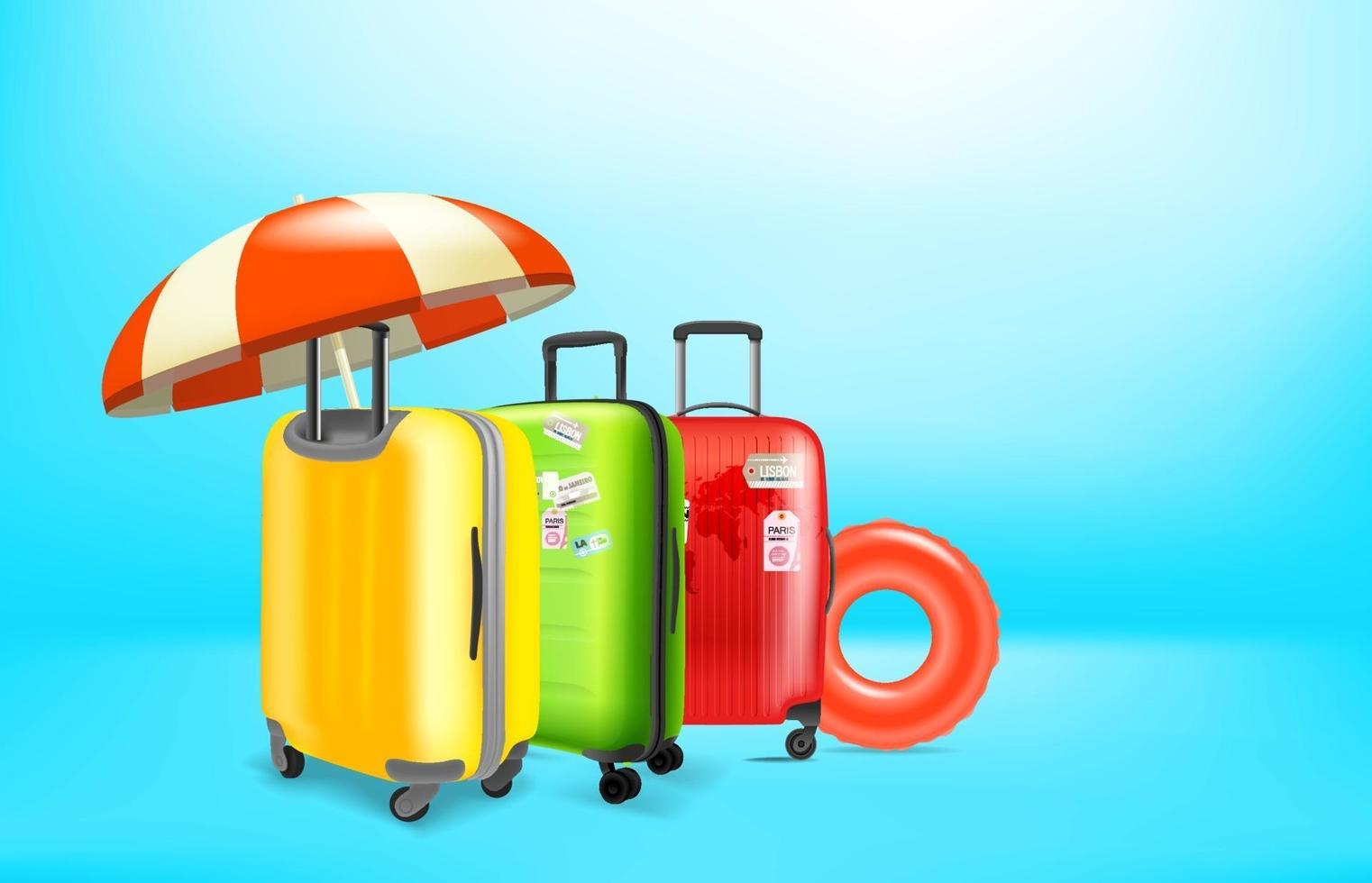 vakantieconcept met kleur plastic koffers en reisaccessoires. vector banner met kopie ruimte voor een tekst