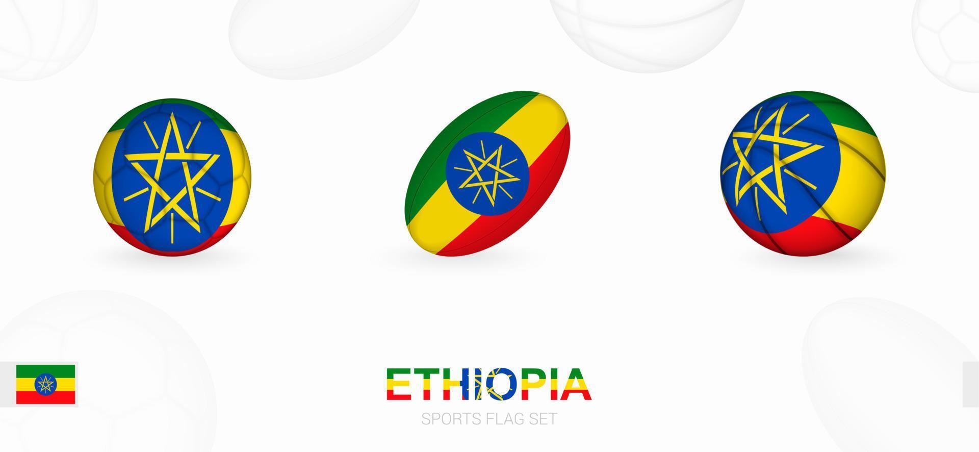 sport- pictogrammen voor Amerikaans voetbal, rugby en basketbal met de vlag van Ethiopië. vector