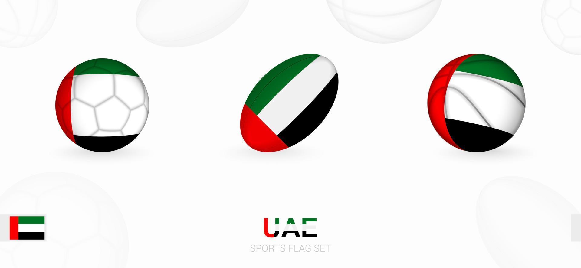 sport- pictogrammen voor Amerikaans voetbal, rugby en basketbal met de vlag van Verenigde Arabisch emiraten. vector