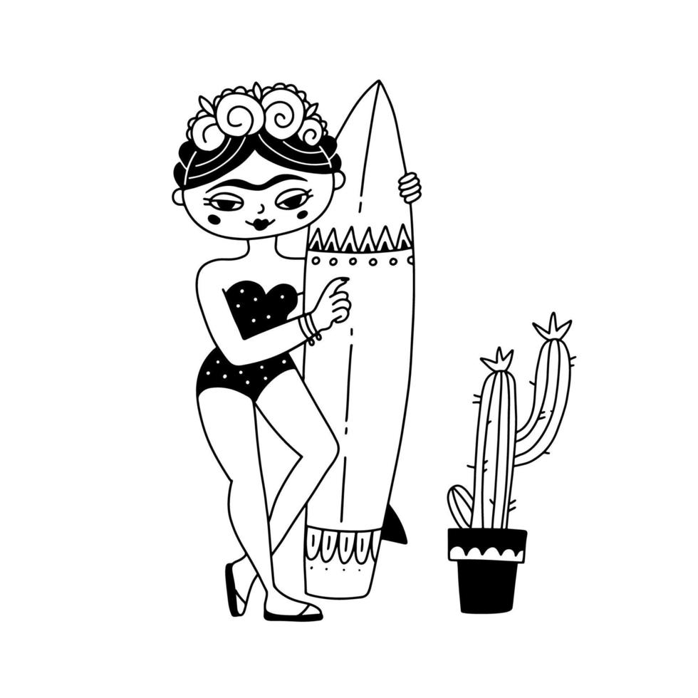 frida halo in vol groei Holding een surfplank. schattig en grappig vrouw portret in tekening stijl. meisje groet kaart concept. vector afdrukken voor t-shirt Mexicaans ontwerp