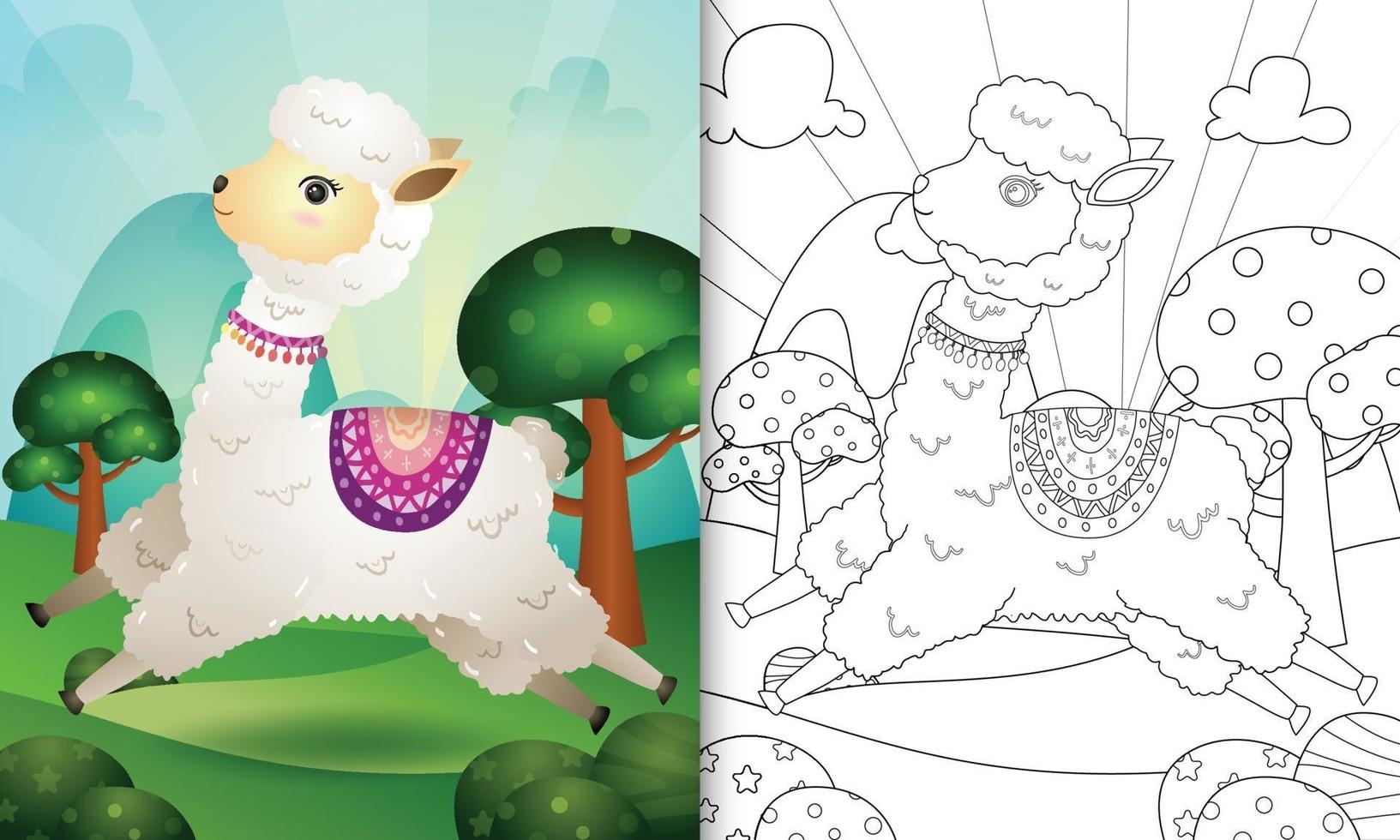 kleurboek voor kinderen met een schattige alpaca-karakterillustratie vector