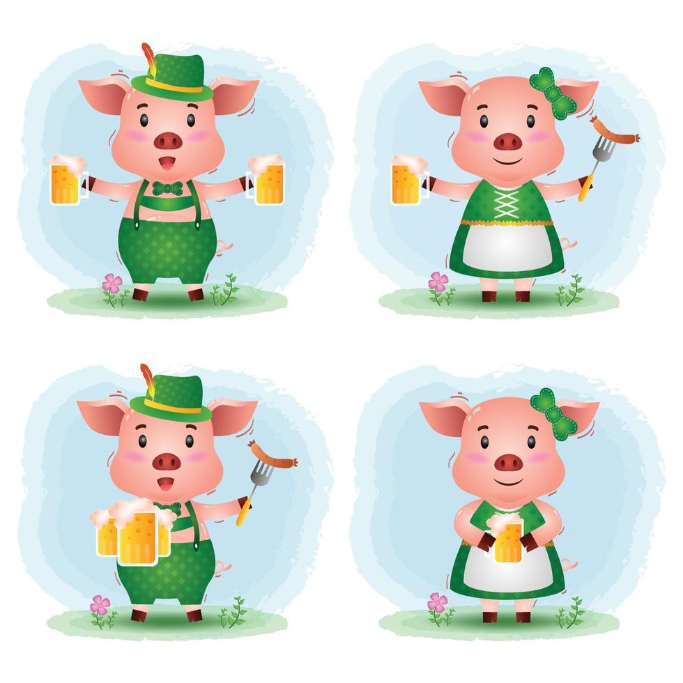 schattig varkenspaar met traditionele oktoberfest kleding vector