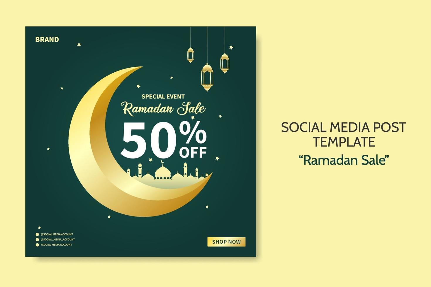 ramadan verkoop sociale media postsjabloon. webbanner adverteren met groene en gouden kleurstijl voor wenskaart, tegoedbon, islamitische gebeurtenis. vector