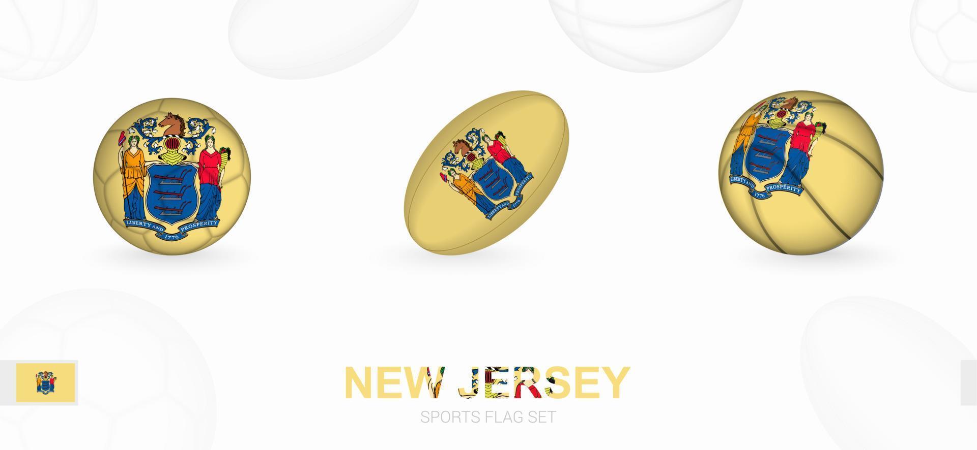 sport- pictogrammen voor Amerikaans voetbal, rugby en basketbal met de vlag van nieuw Jersey. vector