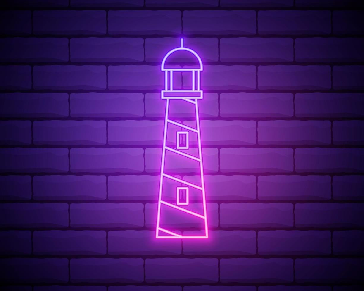 gloeiende neon vuurtoren pictogram geïsoleerd op bakstenen muur achtergrond. vector illustratie