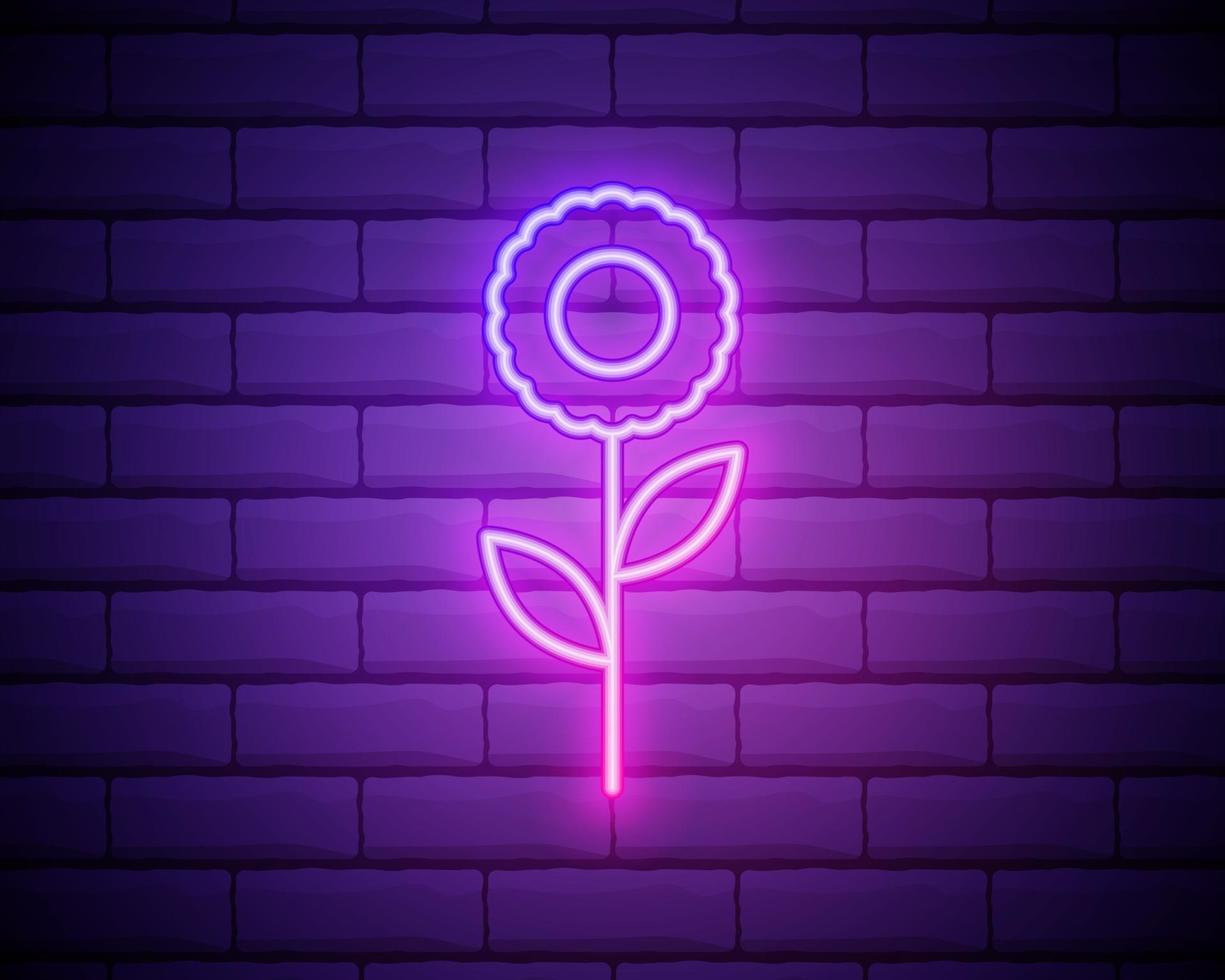 bloem roze gloeiende neon ui ux pictogram. gloeiende teken logo vector. gloeiende bloem geïsoleerd op bakstenen muur achtergrond. vector