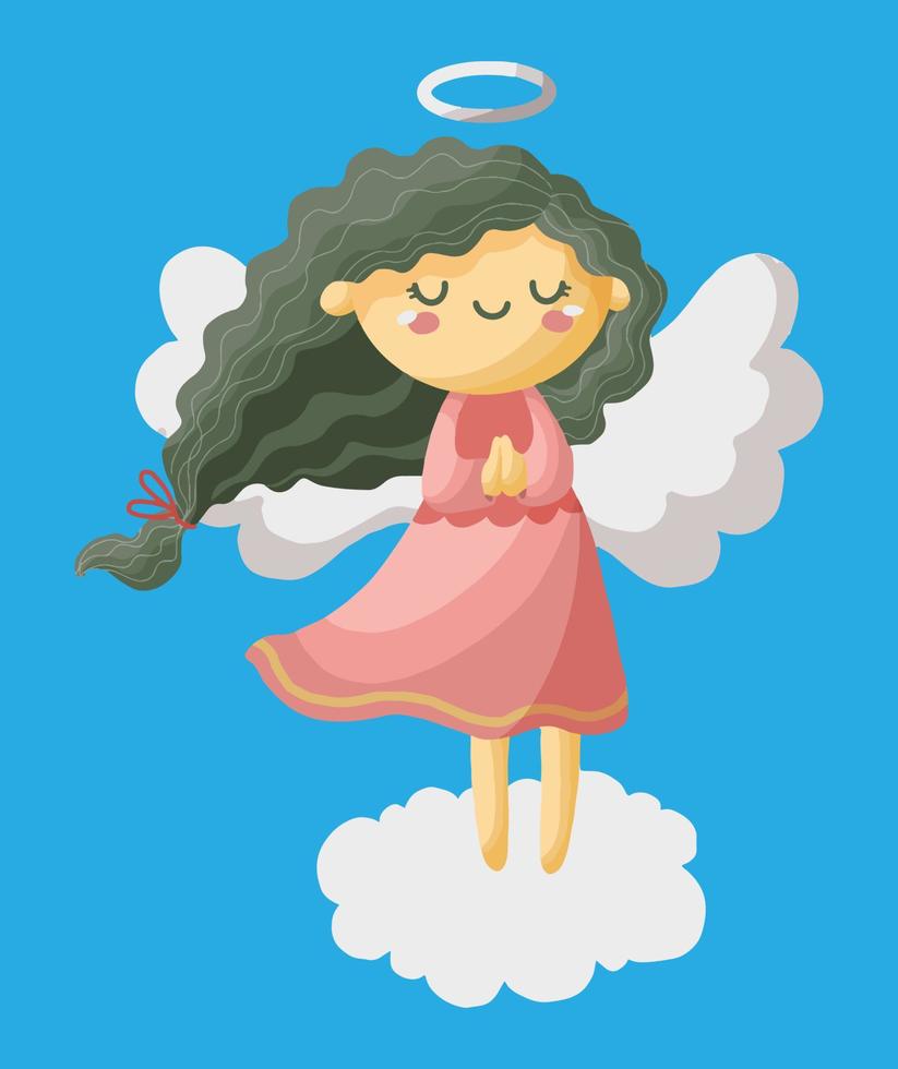 schattig engel bidden terwijl rijden een wolk vector