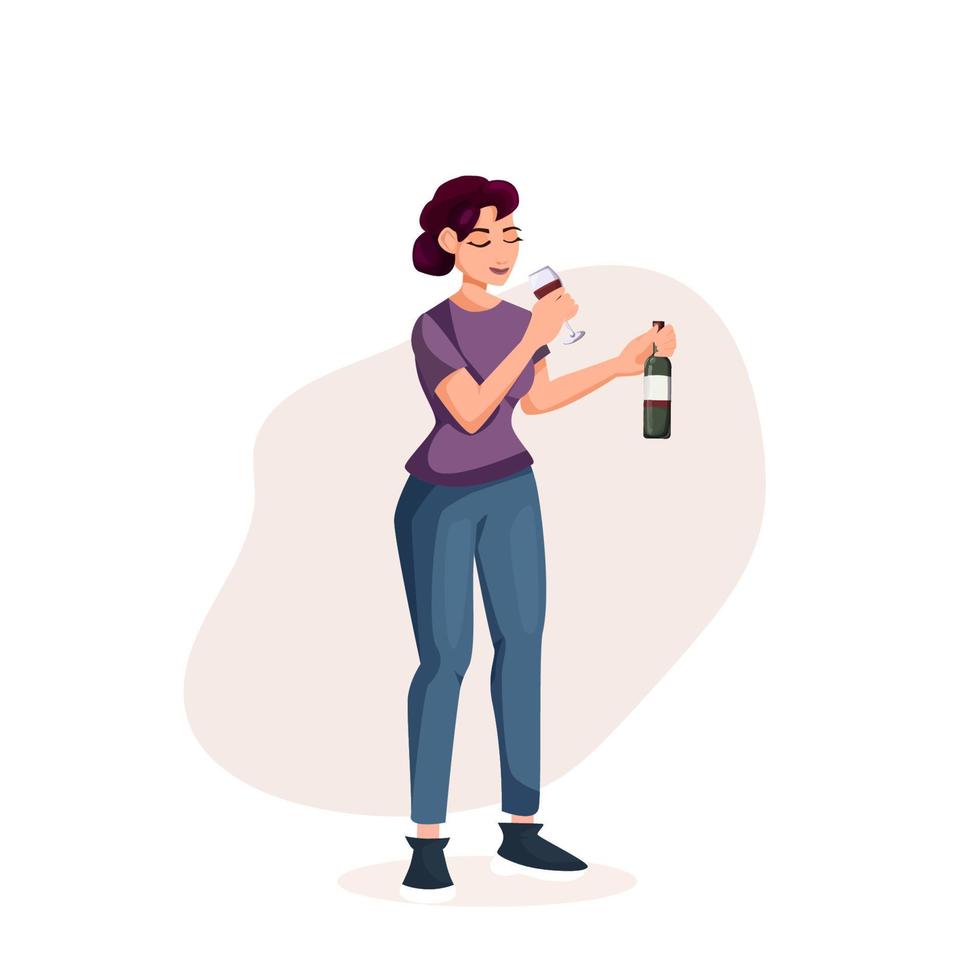 nationaal wijn dag. een jong vrouw drinken wijn en Holding een glas en een fles van wijn. vector tekenfilm
