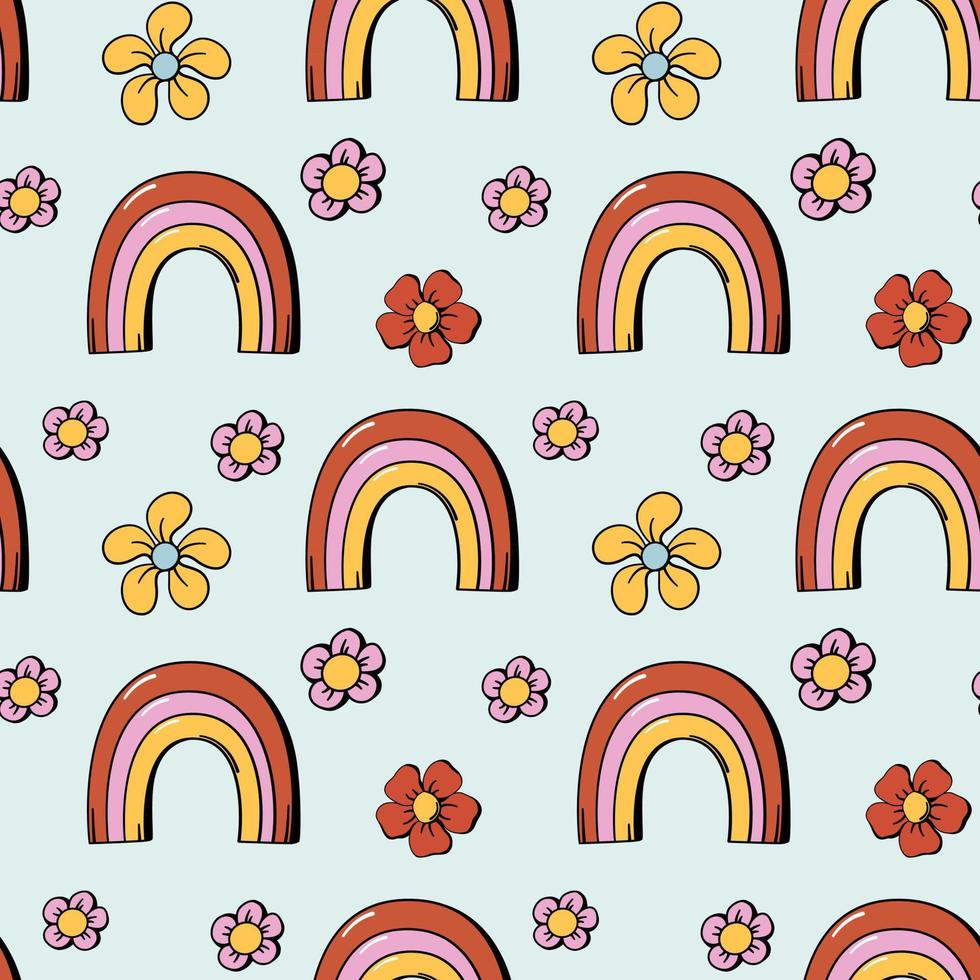 bloemen en regenboog naadloos patroon of achtergrond in jaren 70 hippie retro stijl. schattig hand- getrokken bloemen zomer afdrukken ontwerp. vector illustratie.