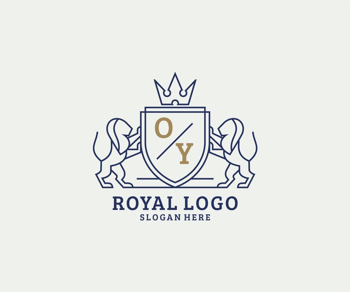 eerste oy brief leeuw Koninklijk luxe logo sjabloon in vector kunst voor restaurant, royalty, boetiek, cafe, hotel, heraldisch, sieraden, mode en andere vector illustratie.