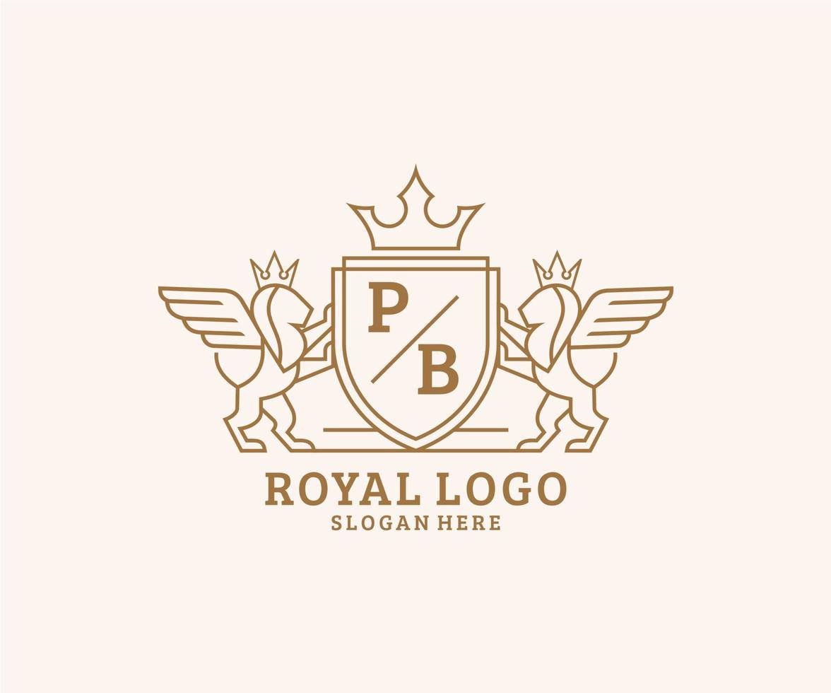 eerste pb brief leeuw Koninklijk luxe heraldisch, wapen logo sjabloon in vector kunst voor restaurant, royalty, boetiek, cafe, hotel, heraldisch, sieraden, mode en andere vector illustratie.