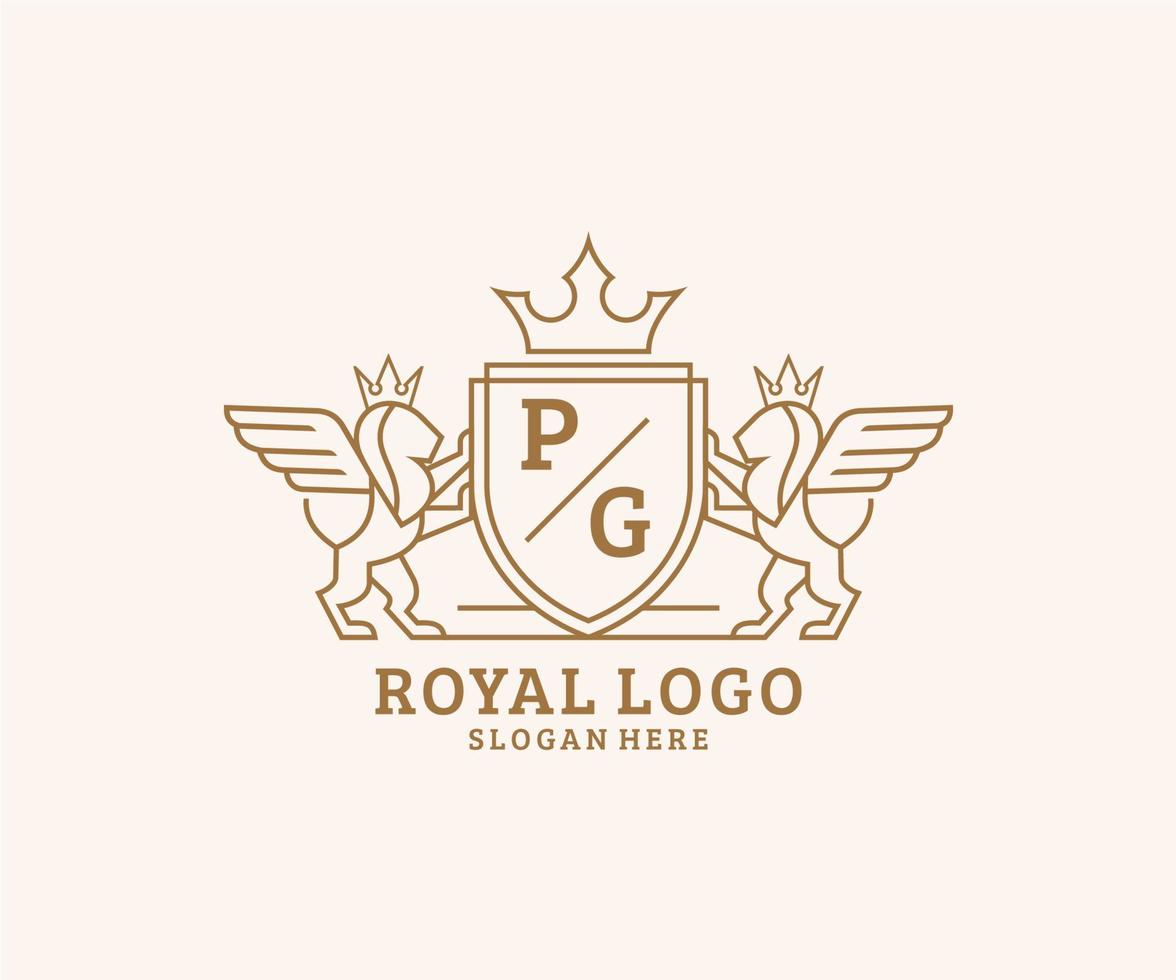 eerste pag brief leeuw Koninklijk luxe heraldisch, wapen logo sjabloon in vector kunst voor restaurant, royalty, boetiek, cafe, hotel, heraldisch, sieraden, mode en andere vector illustratie.