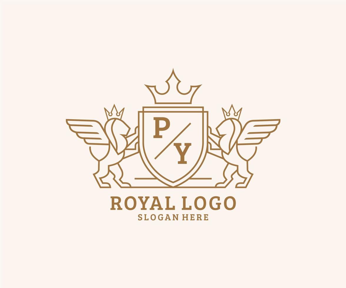 eerste py brief leeuw Koninklijk luxe heraldisch, wapen logo sjabloon in vector kunst voor restaurant, royalty, boetiek, cafe, hotel, heraldisch, sieraden, mode en andere vector illustratie.