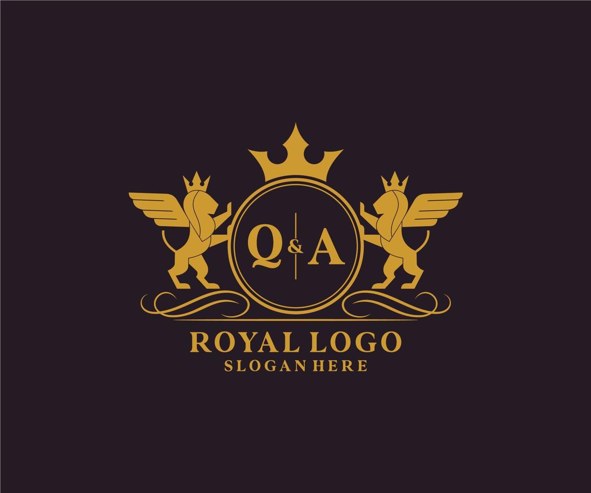 eerste qa brief leeuw Koninklijk luxe heraldisch, wapen logo sjabloon in vector kunst voor restaurant, royalty, boetiek, cafe, hotel, heraldisch, sieraden, mode en andere vector illustratie.