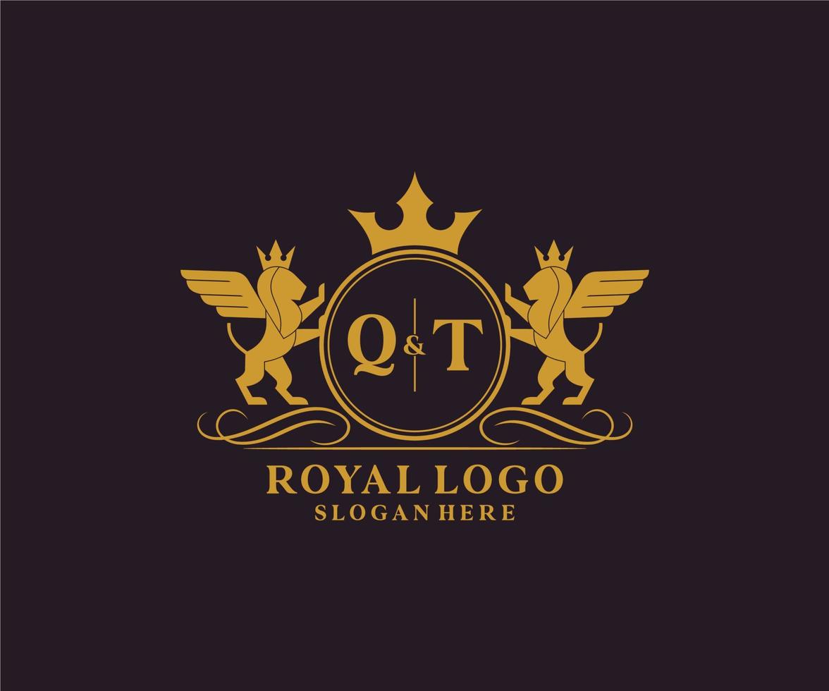 eerste qt brief leeuw Koninklijk luxe heraldisch, wapen logo sjabloon in vector kunst voor restaurant, royalty, boetiek, cafe, hotel, heraldisch, sieraden, mode en andere vector illustratie.