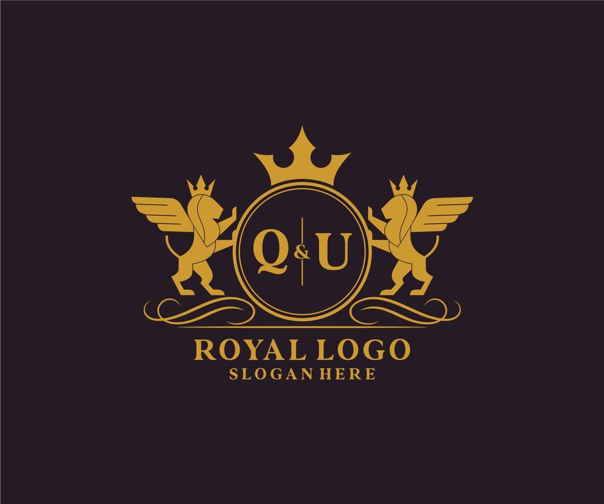 eerste qu brief leeuw Koninklijk luxe heraldisch, wapen logo sjabloon in vector kunst voor restaurant, royalty, boetiek, cafe, hotel, heraldisch, sieraden, mode en andere vector illustratie.
