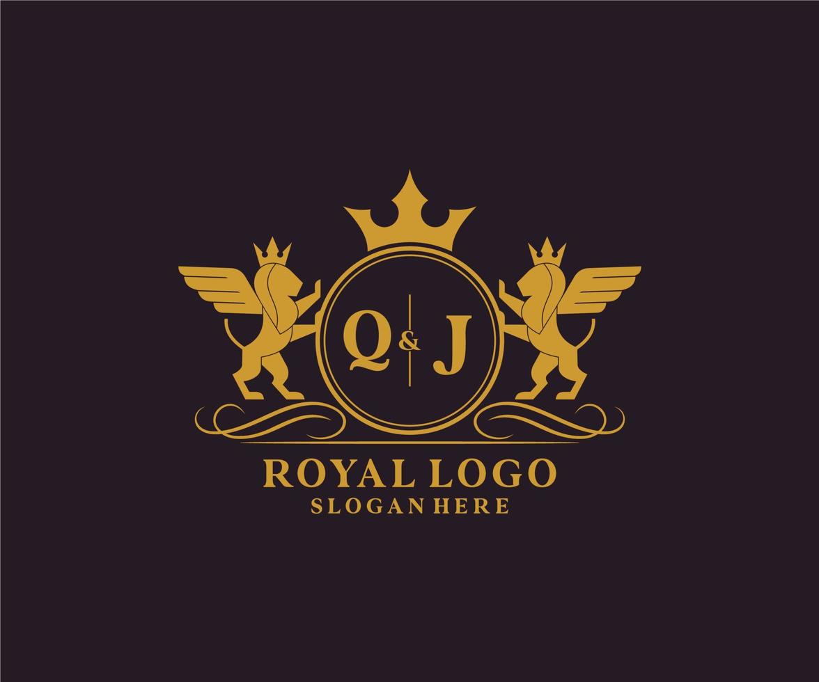 eerste qj brief leeuw Koninklijk luxe heraldisch, wapen logo sjabloon in vector kunst voor restaurant, royalty, boetiek, cafe, hotel, heraldisch, sieraden, mode en andere vector illustratie.