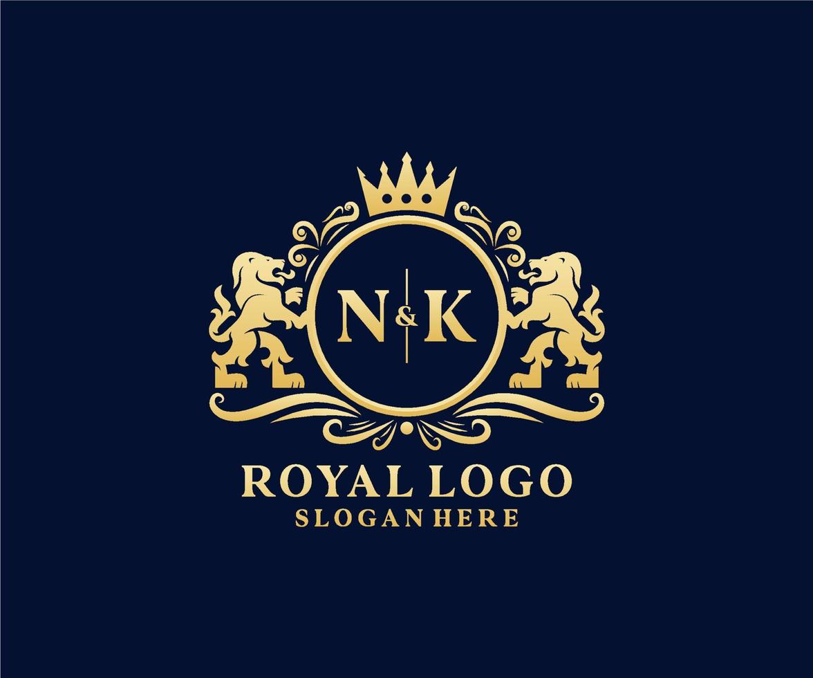 eerste nk brief leeuw Koninklijk luxe logo sjabloon in vector kunst voor restaurant, royalty, boetiek, cafe, hotel, heraldisch, sieraden, mode en andere vector illustratie.