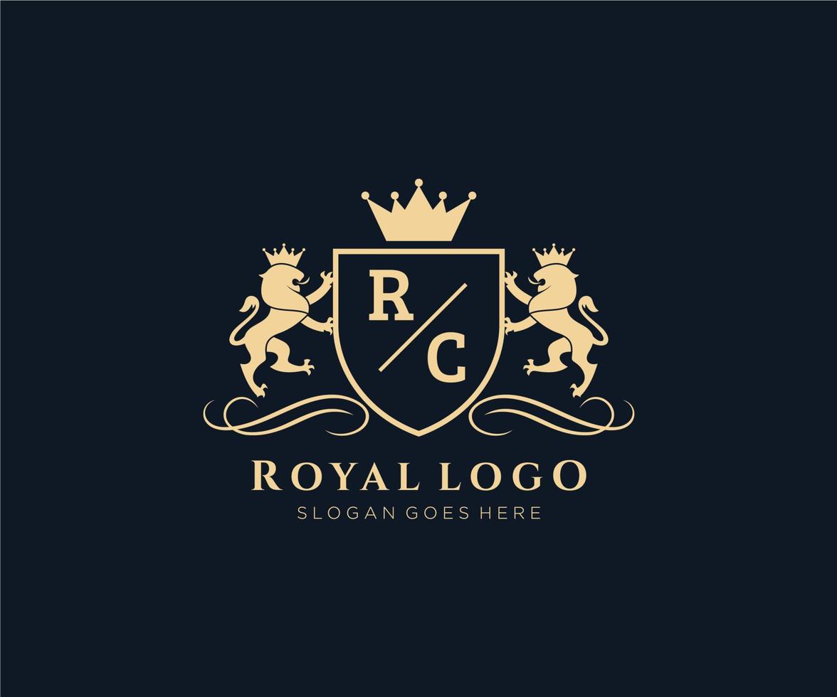 eerste rc brief leeuw Koninklijk luxe heraldisch, wapen logo sjabloon in vector kunst voor restaurant, royalty, boetiek, cafe, hotel, heraldisch, sieraden, mode en andere vector illustratie.