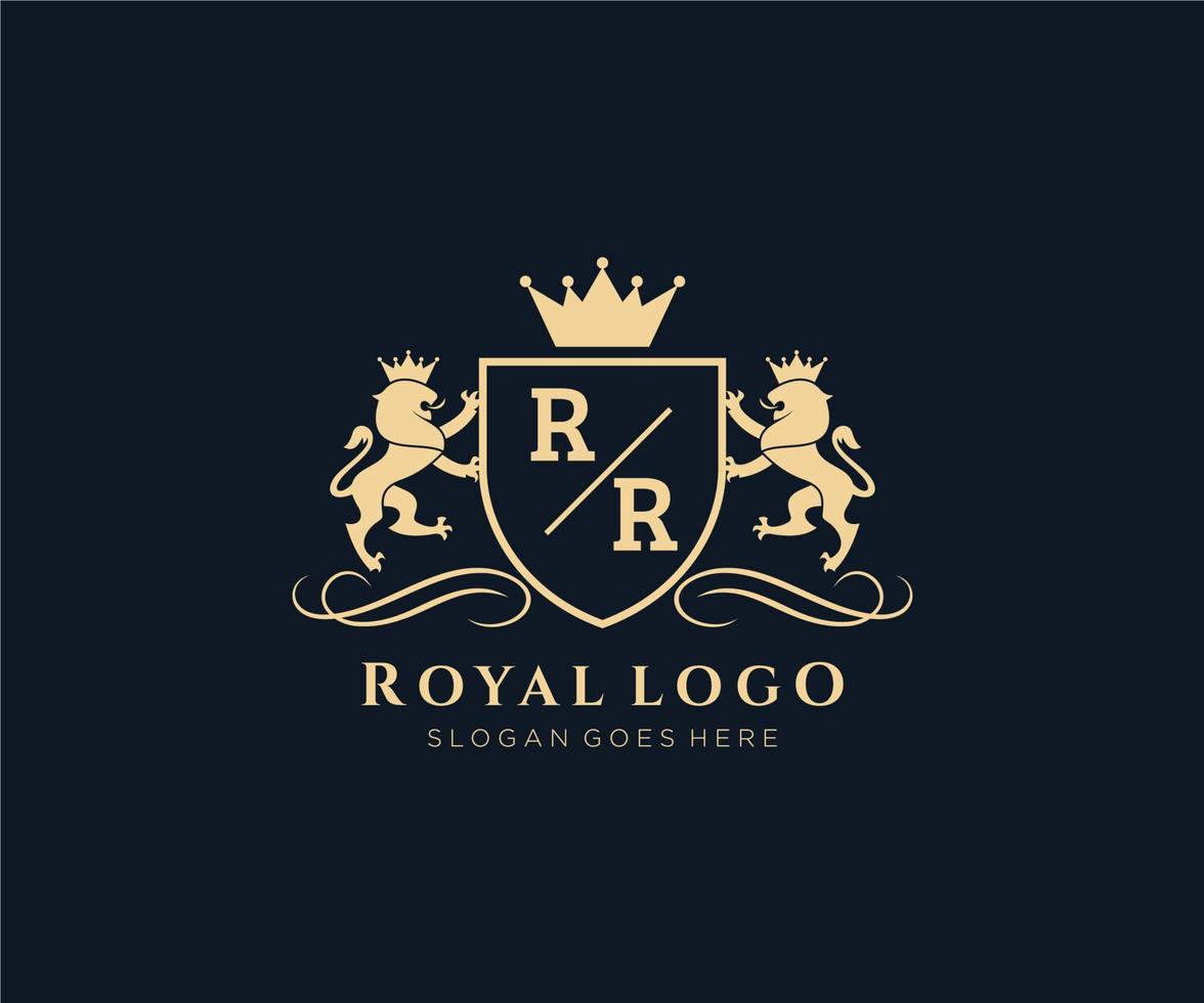 eerste rr brief leeuw Koninklijk luxe heraldisch, wapen logo sjabloon in vector kunst voor restaurant, royalty, boetiek, cafe, hotel, heraldisch, sieraden, mode en andere vector illustratie.