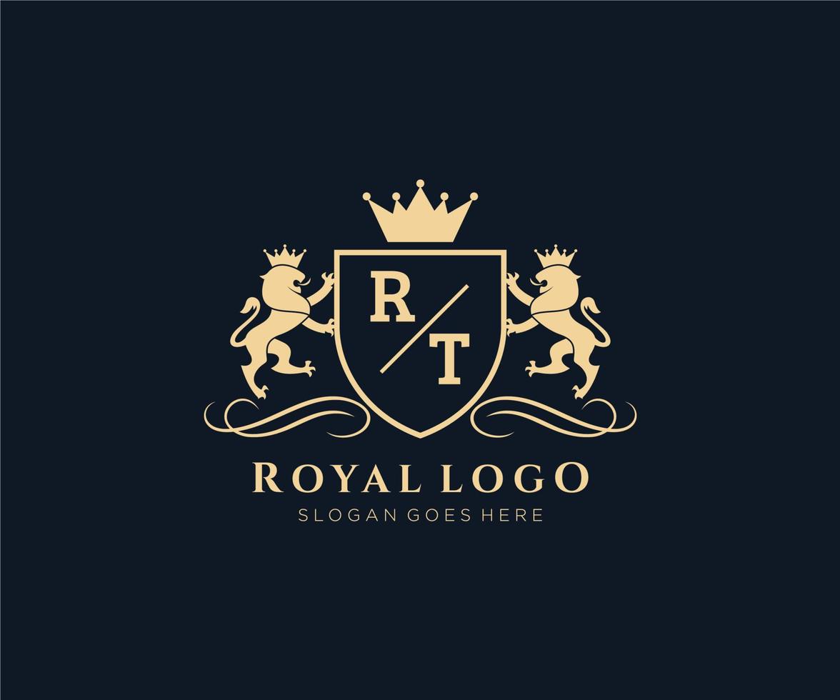 eerste rt brief leeuw Koninklijk luxe heraldisch, wapen logo sjabloon in vector kunst voor restaurant, royalty, boetiek, cafe, hotel, heraldisch, sieraden, mode en andere vector illustratie.