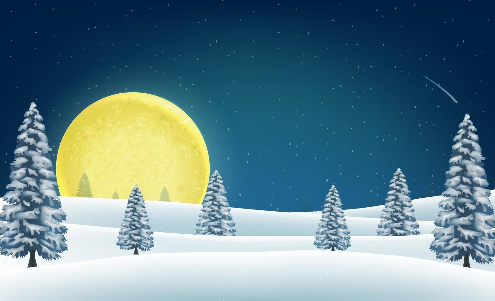 kerst winter nacht heuvel bos met grote maan vector