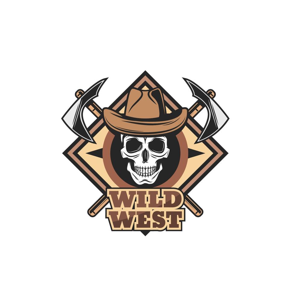 wild west icoon, cowboy schedel en tomahawks vector