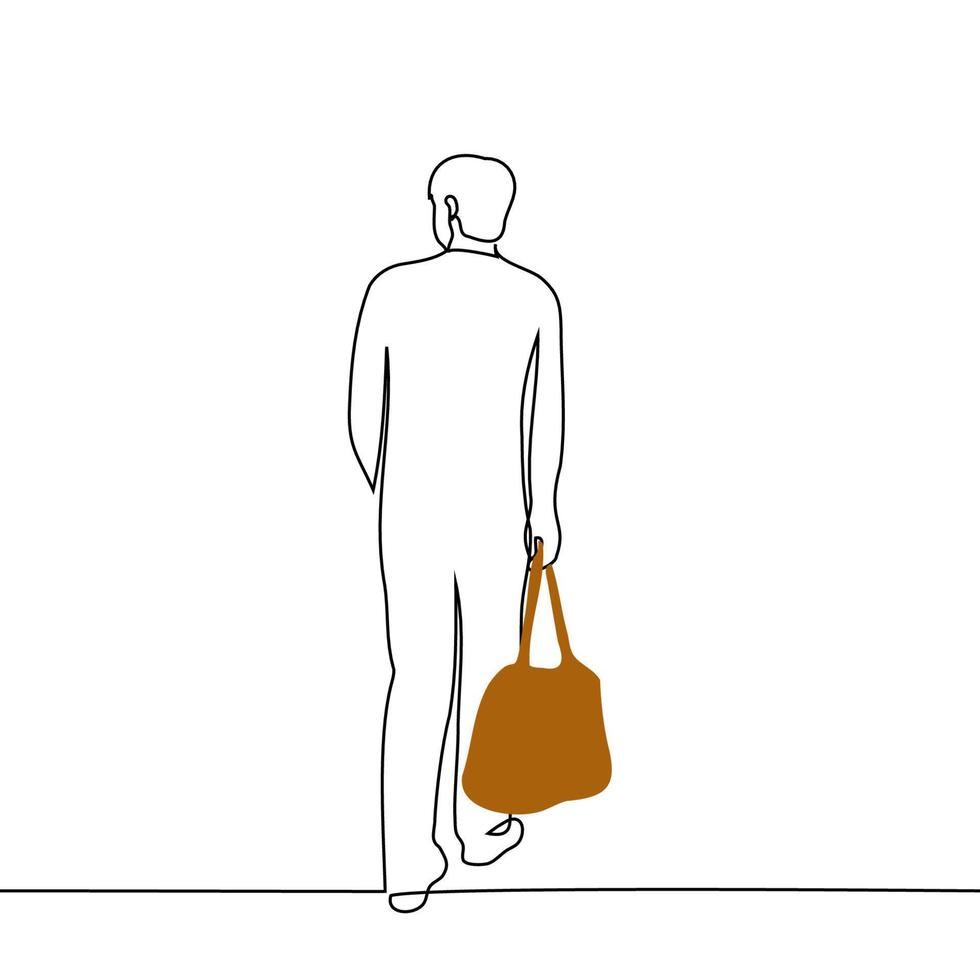 Mens wandelen met een groot leer zak Aan handvatten, vol lengte visie van de terug - een lijn tekening vector. concept van reiziger, passagier, toerist vector