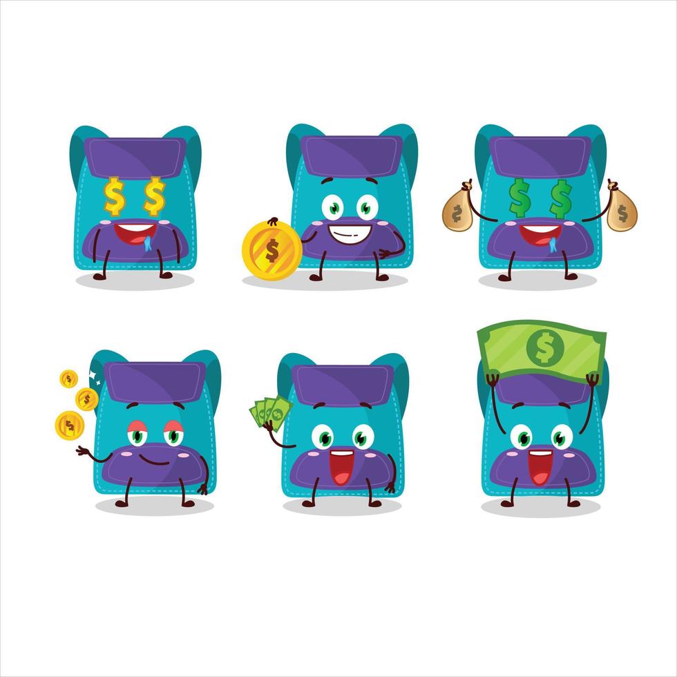 blauw zak tekenfilm karakter met schattig emoticon brengen geld vector