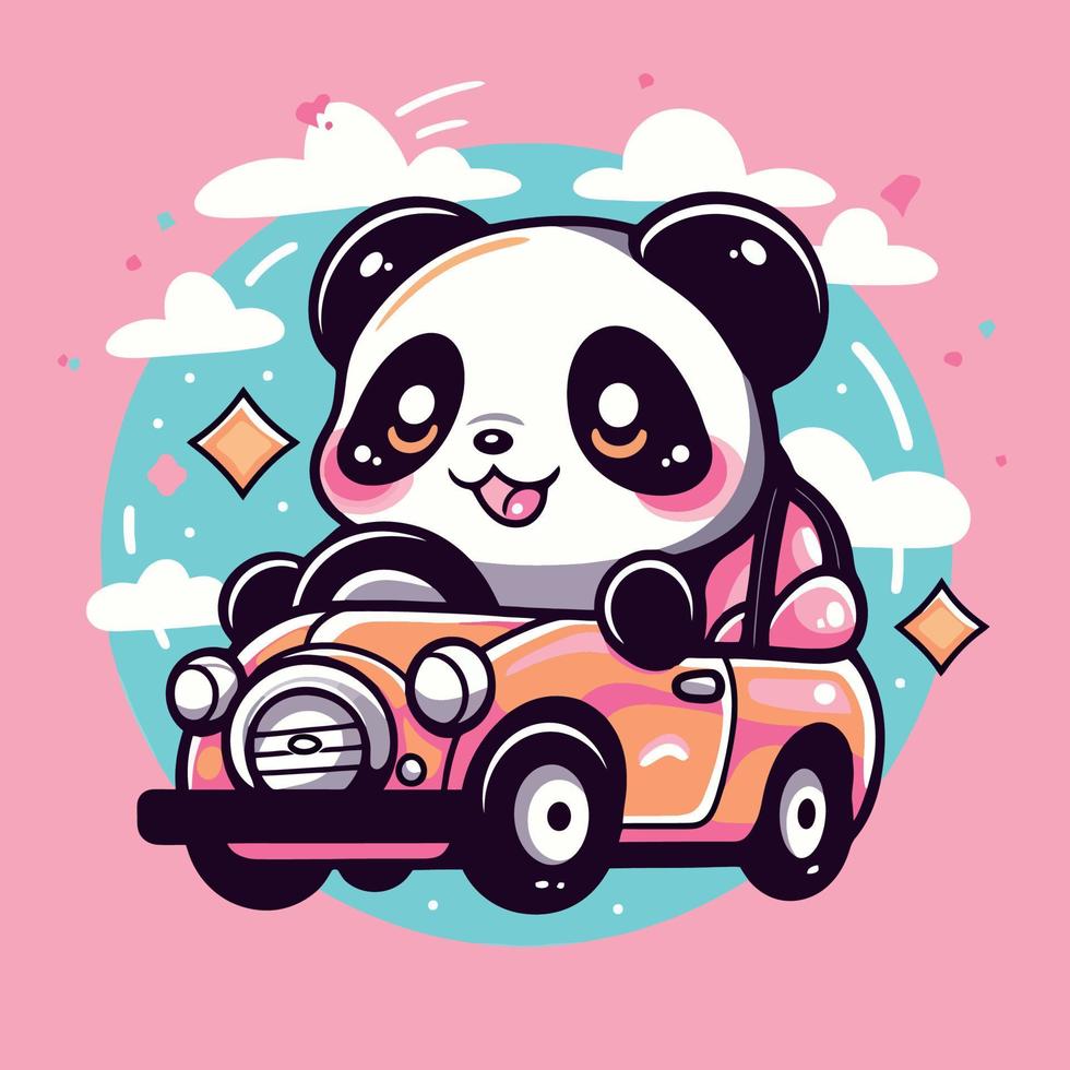 een tekenfilm panda is het rijden een auto met een roze achtergrond en een roze achtergrond. vector