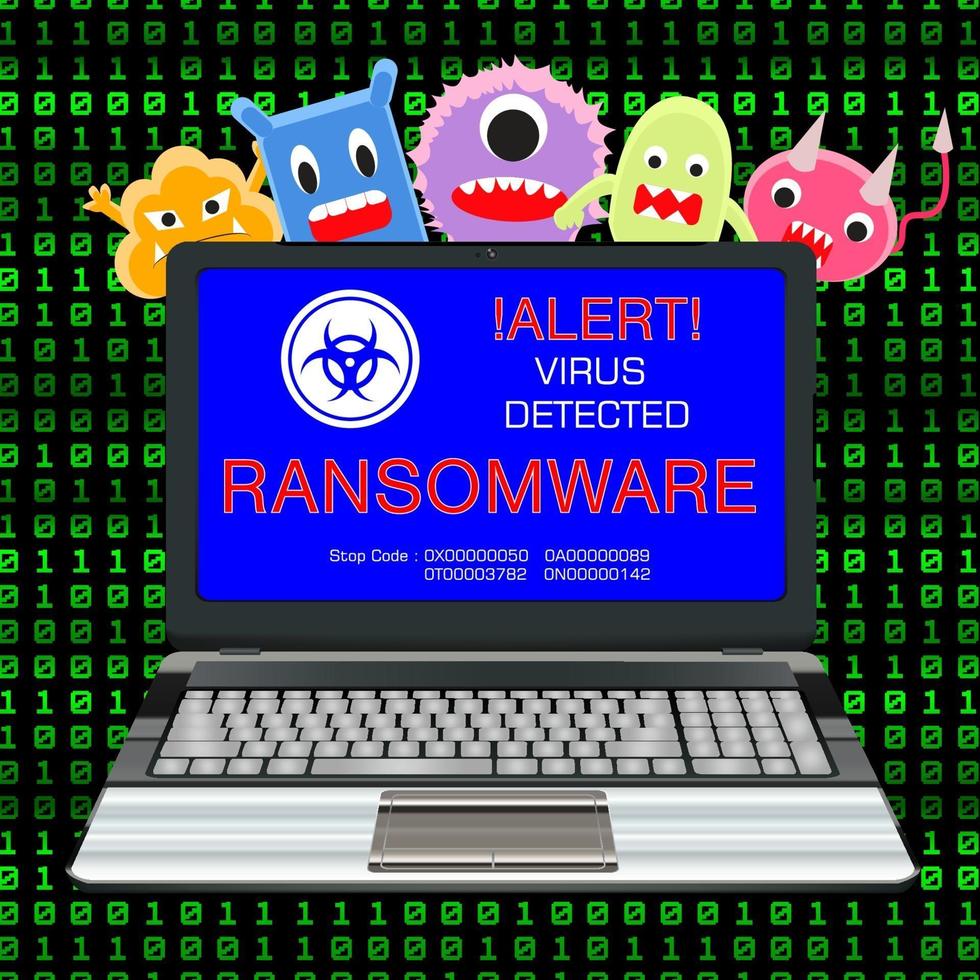 blauw scherm laptop geïnfecteerd ransomware-virus met viruscartoon vector