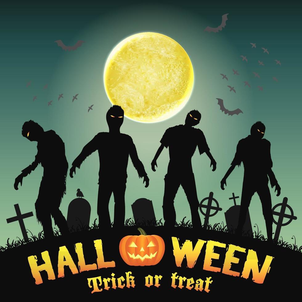 Halloween-silhouetzombie op een nachtkerkhof vector