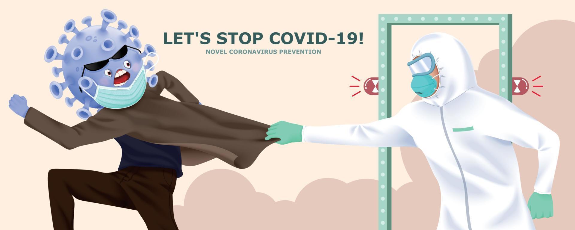 coronavirus vermommen zelf met gezicht masker geprobeerd naar voorbij gaan aan de poort maar kreeg gevangen door medisch arbeider in Hazmat pak, concept van detecteren potentieel infectie van covid-19 vector