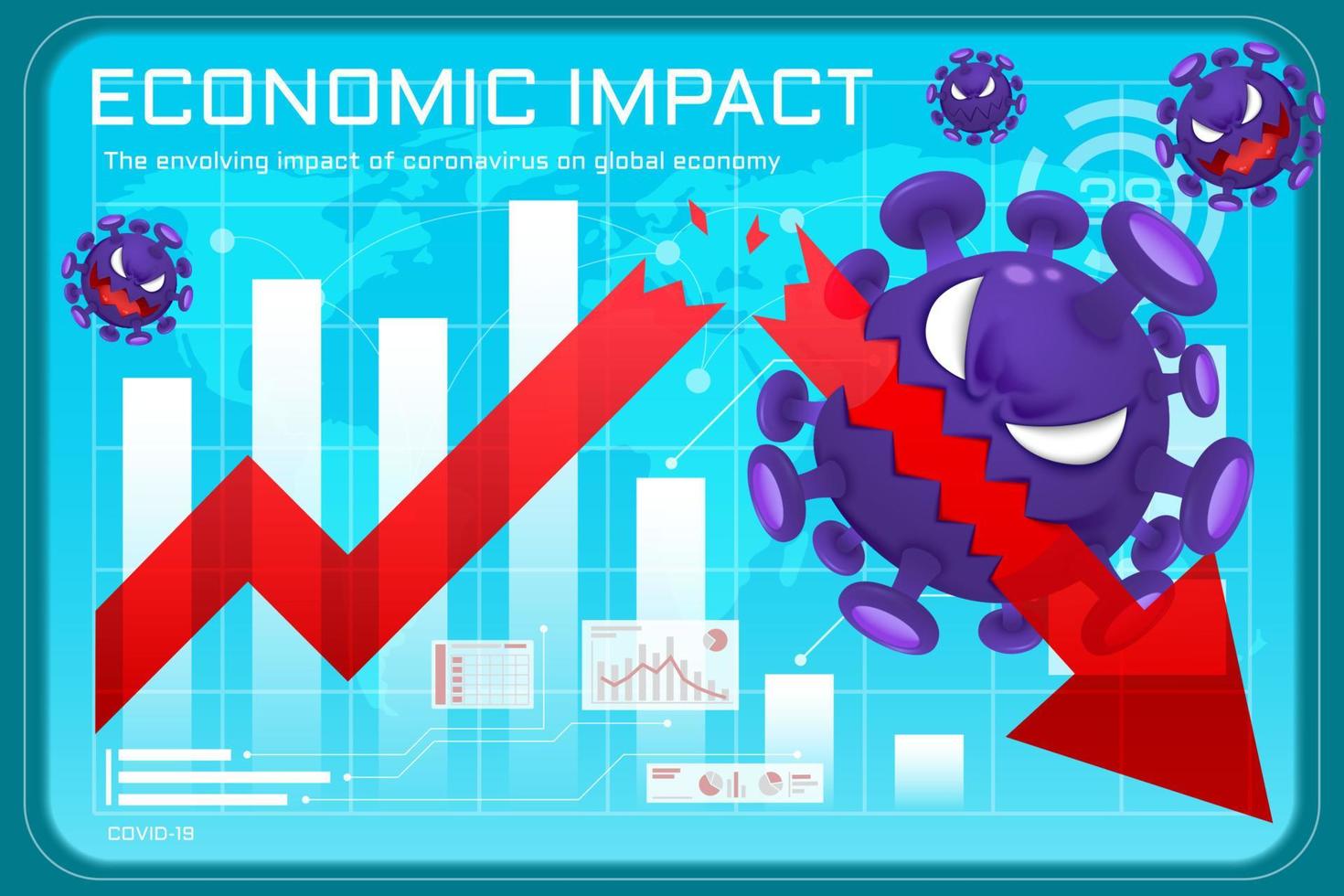 economisch gevolg vlak illustratie concept met gemeen coronavirus breken naar beneden de voorraad markt vector